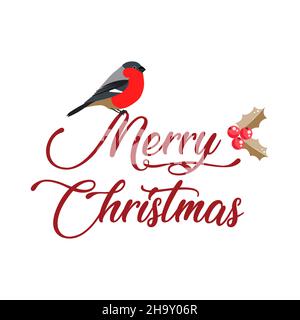 Fröhliche Weihnachtsbriefe mit Bullfinch-Vogel-Dekoration auf Buchstaben. Stock Vektor