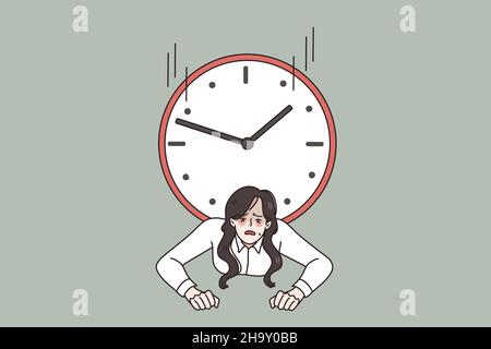 Gestresste Frau Mitarbeiter unter der Uhr gefangen verwalten mit Termin bei der Arbeit zu bewältigen. Notleidende Geschäftsfrau schlechtes Zeitmanagement oder Organisation. Überlastung, Workload-Konzept. Vektorgrafik. Stock Vektor