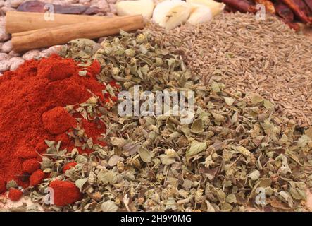 Bohnen mit Knoblauch, Paprika und mexikanischem Oregano, flacher DOF Stockfoto