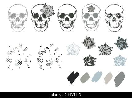 Schädel mit Blumen und Schlangenhaut Textur. Florale Boho- und Grunge-Motive für den T-Shirt-Druck. Stock Vektor