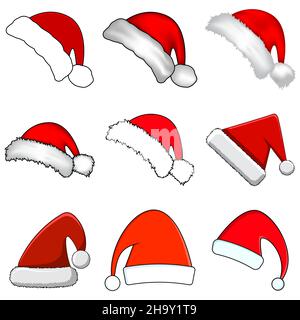 Weihnachten Santa Claus Hüte mit Fell. Neues Jahr Red Hat isoliert auf weißem Hintergrund. Winter Cap. Vector Illustration. Stock Vektor