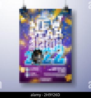 2022 Neujahrsfeier Poster Vorlage Illustration mit 3D Nummer, Sprecher und fallenden bunten Konfetti auf glänzend bunten Hintergrund Stock Vektor