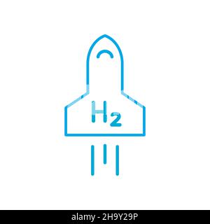 Blaues Symbol für die Raketenlinie des Wasserstoffbrennstoffs. Start von Brennstoffzellenflugzeugen. Raumfahrt Tourismus Konzept. Nachhaltige erneuerbare Energien. Wasserstoffdioxid-Brennstoff. Stock Vektor