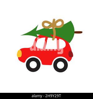 Weihnachten rotes Auto mit einem Baum auf dem Dach Vektor Illustration. Stock Vektor