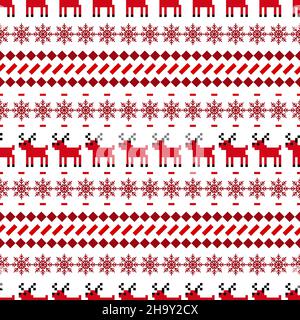 Weihnachten Winter nahtlos gestrickt rot-weiß Pullover Muster oder Karte mit Hirsch-Skandynavian-Stil Stock Vektor