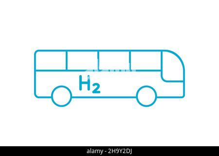 Blaues Symbol für die Wasserstoff-Kraftstoffbusleitung. Brennstoffzellenfahrzeug. Nachhaltiges Konzept für alternative Energien. H2 angetriebener Transport. Wasserstoffdioxid-Brennstoff. Vektor. Stock Vektor