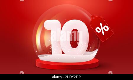 10 % Rabatt. Rabatt auf kreative Komposition. Verkauf Symbol in Glas Schneekugel. Weihnachtliche Deko. Vektorgrafik. Stock Vektor