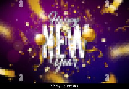 Happy New Year Illustration mit fallenden Konfetti, Serpentine und Gold Christmas Ornamental Glaskugel auf bunt verschwommenem Hintergrund. Vektor 2022 Weihnachten Stock Vektor