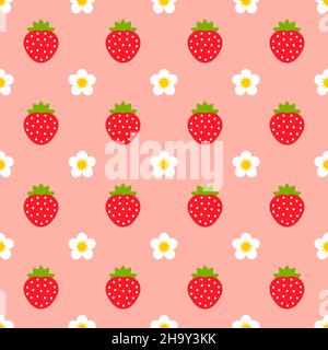 Erdbeeren und Blumen rosa nahtloses Muster. Vektorgrafik. Stock Vektor