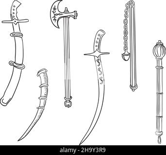 Schwerter, Axt und Keule. Set von alten Waffen. Vektorgrafik. Stock Vektor