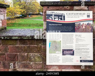 Blick über die Stelle der römischen Festung von einer rekonstruierten Mauer in Castlefield Manchester Greater Manchester England Stockfoto