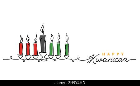 Sieben Kwanzaa Kinara Kerzen in traditionellen afrikanischen Farben - rot, schwarz, grün. Einfache Vektordarstellung. Eine kontinuierliche Linie Kunst Zeichnung Kerzen Stock Vektor