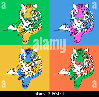 Liegender Tiger, Pop Art Design. Eine fortlaufende Linienkunstzeichnung des Tigers. Vektor bunte helle Illustration, Poster, Druck. Chinesisches Neujahr 2022 Stock Vektor