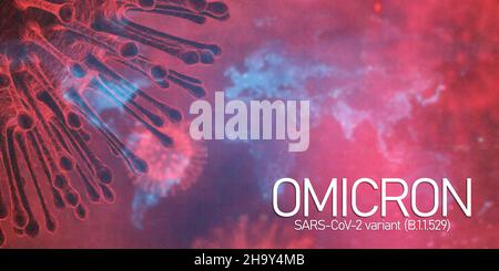 Omicron COVID-19-Variante auf der Weltkarte. Pandemiekonzept. Hintergrund mit Coronavirus-Keimen. SARS-CoV-2. B.1.1.529 Stockfoto