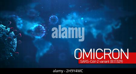 Omicron COVID-19-Variante auf der Weltkarte. Pandemiekonzept. Hintergrund mit Coronavirus-Keimen. SARS-CoV-2. B.1.1.529 Stockfoto