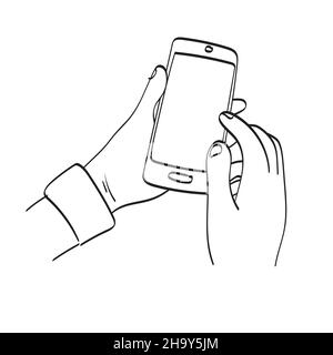 Linie Kunst Nahaufnahme Hand hält Smartphone mit leeren Bildschirm Hintergrund Illustration Vektor Hand auf weißem Hintergrund isoliert gezeichnet Stock Vektor