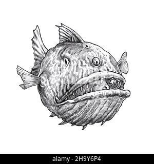 Mystischer Monsterfisch. Unterwasserwesen. Fantasy-Zeichnung. Stockfoto