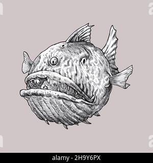 Mystischer Monsterfisch. Unterwasserwesen. Fantasy-Zeichnung. Stockfoto