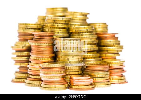 Münzen, viele, weiß, Geld, Stapel von Münzen, euro, Turm, Münze, glänzend, Stapel, Wechselgeld, Euro Ersatzwechsel, Bargeld, Schatz, Wechsel, Kupfer, Economy, Stockfoto