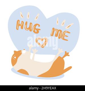 Niedliche plump Katze liegend mit Pfoten nach oben wie wollen Konzept umarmen, umarmen mich Text und Herz über Karte Design Vektor Illustration Stock Vektor