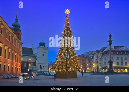 Weihnachtsbaum bei Tagesanbruch auf dem Schlossplatz in Warschau. Stockfoto