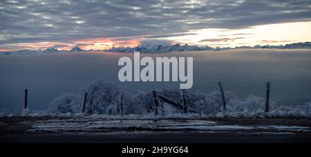 Sonnenaufgang auf dem Mont Blanc in einer frostigen Landschaft, aufgenommen vom Mont Saleve, Haute-Savoie, Frankreich Stockfoto