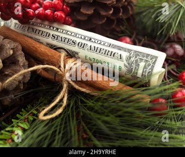 Isolierter 1-Dollar-Schein mit Christbaumzweigen, roten Beeren, Pinienzapfen und Zimtstangen. Stockfoto