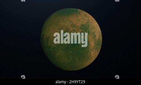 Abstrakte Animation der Oberfläche des grünen Planeten. Animation. Grüner Planet mit Krater-Oberfläche und Unregelmäßigkeiten rotiert auf dem Hintergrund des Sternraums. Stockfoto