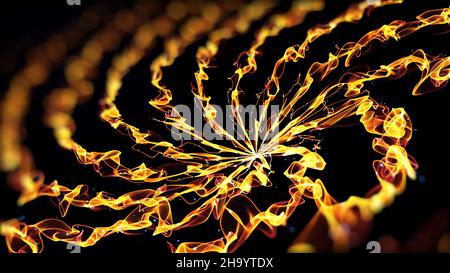 Formte schöne helle feurige Spirale auf schwarzem Hintergrund. Spirale mit leuchtend gelben Wellenlinien erscheint und verschwindet im isolierten Raum. Stockfoto