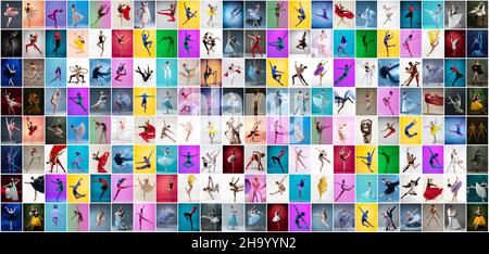Kreatives Puzzle aus Porträts weiblicher und männlicher Balletttänzer in Bühnenkostümen, die isoliert auf buntem Hintergrund in Neonlicht tanzen. Stockfoto