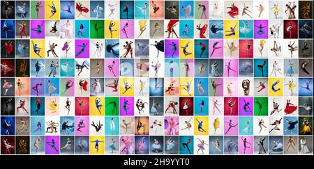 Kunstcollage aus Porträts weiblicher und männlicher Balletttänzer in Bühnenkostümen, die isoliert auf einem bunten Hintergrund in Neonlicht tanzen. Stockfoto