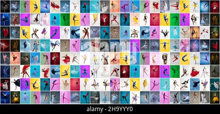 Kunstcollage aus Porträts weiblicher und männlicher Balletttänzer in Bühnenkostümen, die isoliert auf einem bunten Hintergrund in Neonlicht tanzen. Stockfoto