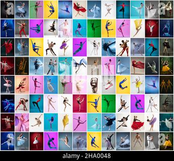 Kunstcollage aus Porträts weiblicher und männlicher Balletttänzer in Bühnenkostümen, die isoliert auf einem bunten Hintergrund in Neonlicht tanzen. Stockfoto