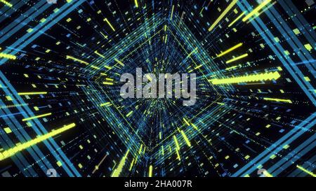 Cyber Square Tunnel mit Neonstreifen. Animation. Hypnotische Wirkung des Tauchens in Cyber-Raum durch Tunnel mit Neonstreifen und Strom von leuchtenden li Stockfoto