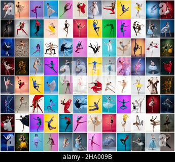 Kunstcollage aus Porträts weiblicher und männlicher Balletttänzer in Bühnenkostümen, die isoliert auf einem bunten Hintergrund in Neonlicht tanzen. Stockfoto