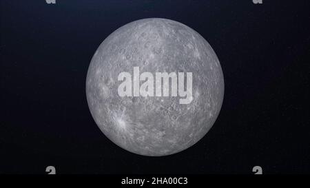 Abstrakte Animation des rotierenden Planeten Merkur auf dem Hintergrund von Sternen. Animation. Abstrakte graue Oberfläche des Planeten Quecksilber. Planetarische Animation für den Rücken Stockfoto