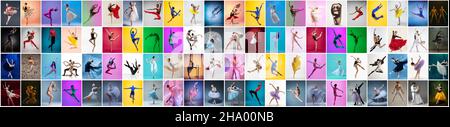 Collage aus Porträts weiblicher und männlicher Balletttänzer in Bühnenkostümen, die isoliert auf einem bunten Hintergrund in Neonlicht tanzen. Stockfoto