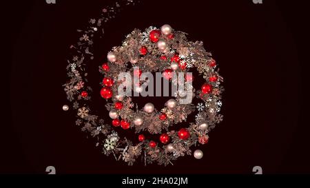 Animation von Weihnachtsspiralbaum. Animation. Spiralender Weihnachtsbaum mit Spielzeug. Stockfoto