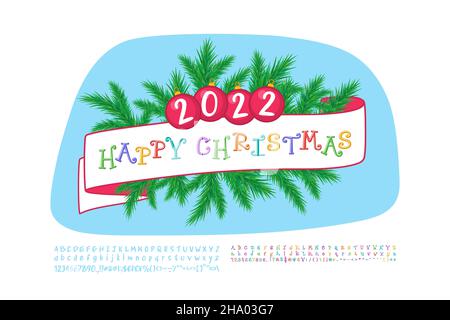 Weihnachten Hintergrund Dekoration Happy Christmas mit lockigen mehrfarbigen Buchstaben Cartoon-Stil. Es sind zwei Vektorschriftensätze enthalten. Stock Vektor