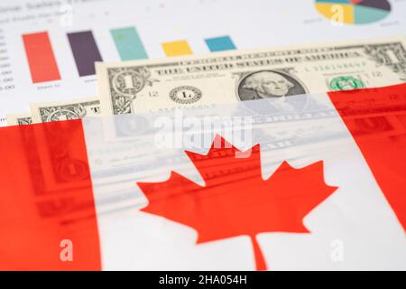 Kanada-Flagge auf Dollar-Banknoten; Geschäfts- und Finanzkonzept. Stockfoto