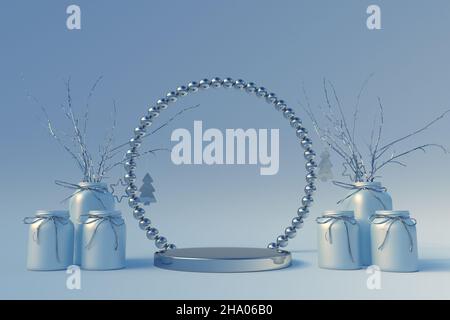 3D silberblauer festlicher Hintergrund mit rundem Podium und magischer Weihnachtskomposition. Abstrakte Zweige und Neujahrsdekoration. Urlaubsvorlage für p Stockfoto