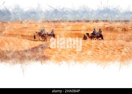 Aquarellzeichnung. Blick auf Touristen, die bei starkem Wind auf Kamelen in der Sahara reiten Stockfoto