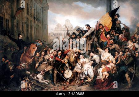 Episode der Septembertage 1830, auf dem Grand Place von Brüssel vom belgischen Künstler Gustave Wappers (Gustaaf Wappers: 1803-1874), Öl auf Leinwand, 1835 Stockfoto