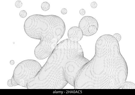 Tinte oder Flüssigkeit Formen.Wissenschaft Physik und Chemie in Draht-Rahmen-Stil.Abstract schwarzen flüssigen Tropfen Hintergrund.3D Illustration Stockfoto