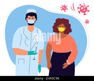 Der Arzt stellt den Impfstoff her – detaillierte Illustration im Stil eines flachen Vektordesigns. Eine afroamerikanische Frau steht in einer Maske neben einer Ärztin. Er hat einen Stock Vektor
