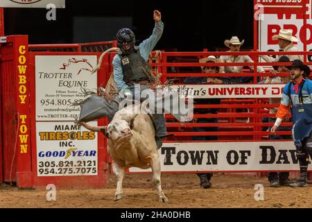 Bullenreiten auf dem Southeastern Circuit Finals Rodeo während der Veranstaltung. Stockfoto