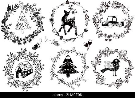Schwarz-weißer Weihnachtskranz aus Blumen und Blättern. Volksvögel, Hirsche, Lastwagen, Häuser, Weihnachtsbaum. Gemütliche Weihnachtskarte im skandinavischen Stil. Winterdekoration. Vektorgrafik Stock Vektor