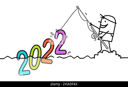 Hand gezeichnet Cartoon Mann Angeln ein großes farbiger 2022 Zeichen Stock Vektor