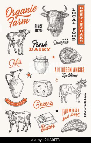 Bio-Bauernhof handgezeichnete Symbole und Illustrationen mit typografischen Kompositionen. Milch- und Fleischschilde mit Kühen, Rindersteaks, Käse und Milch Stock Vektor