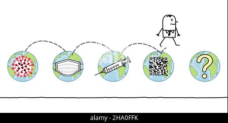 Handgezeichneter Cartoon-Mann springt von der vom Virus verseuchten Erde in die nächsten Stadien Maske, Impfstoff, Pass Stock Vektor